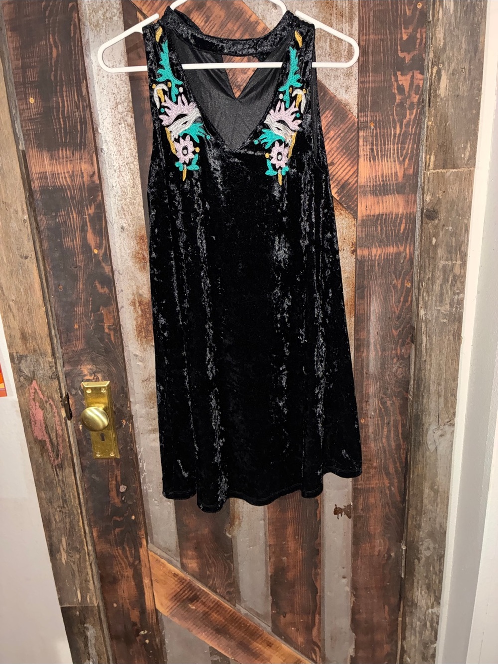 THML Black Velvet Mini Dress with Teal & Pink Embroidery